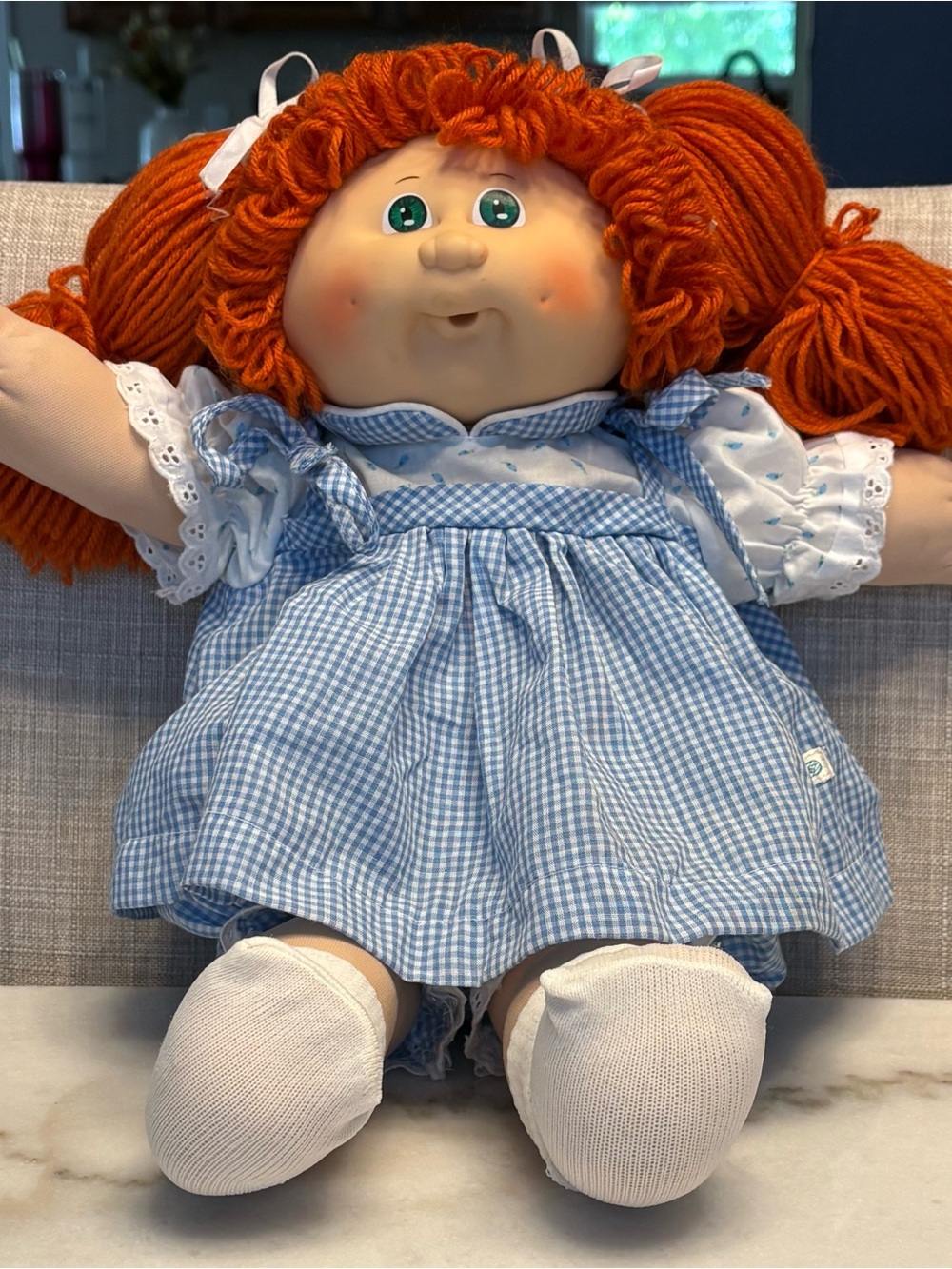 Cabbage Patch Doll in Blue Gingham Dress - Soft Plush Kids Doll